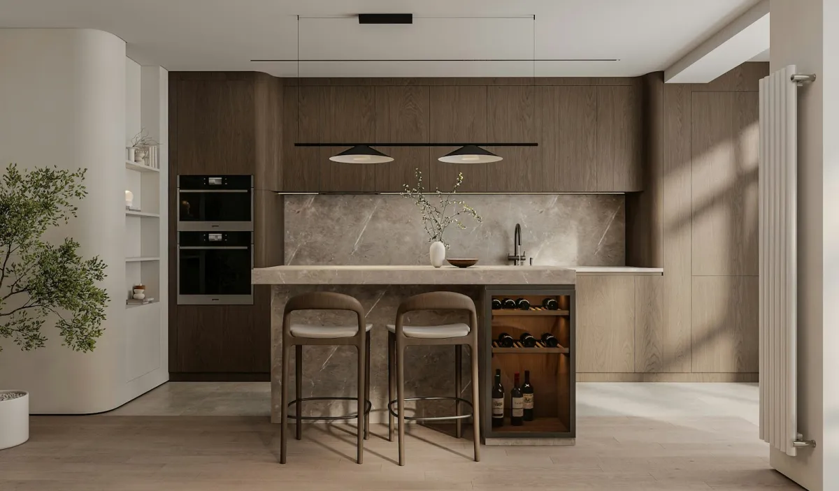 A modern kitchen island with bar stools and a built-in wine fridge holding bottles