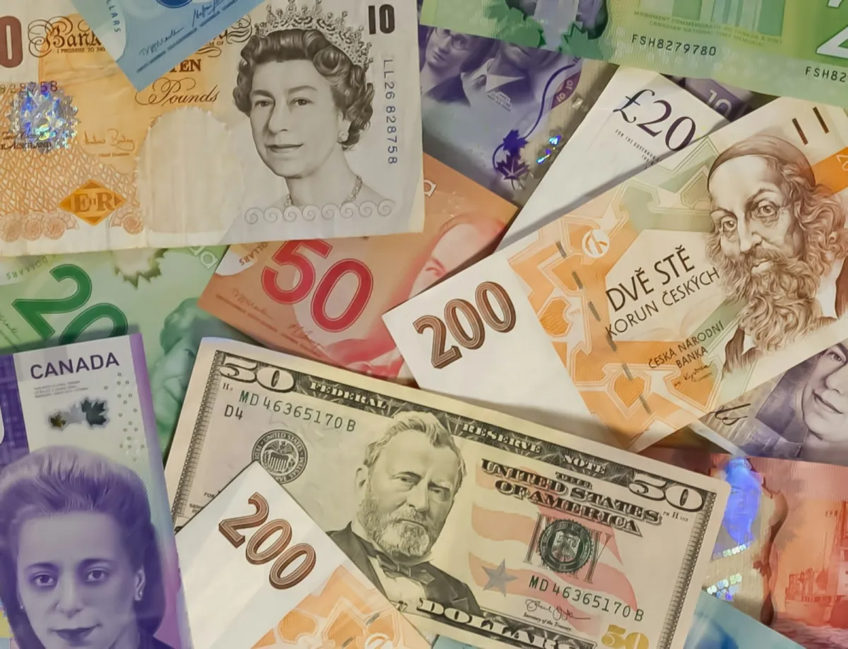 Banknotes from several countries, including pounds, dollars and Czech koruna Banknotes from several countries, including pounds, dollars and Czech koruna