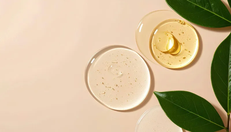 Drops of clear and golden skincare serum beside green leaves on a peach background