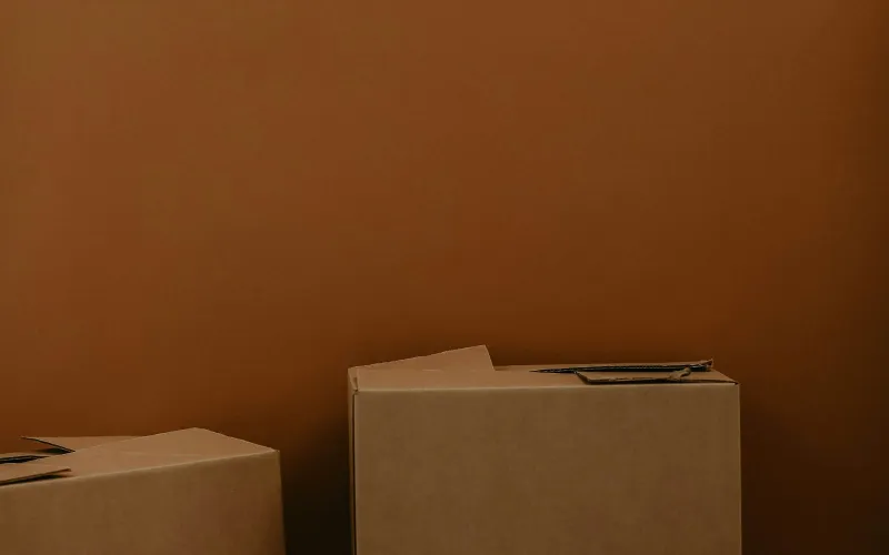 Plain brown cardboard boxes against a warm brown wall