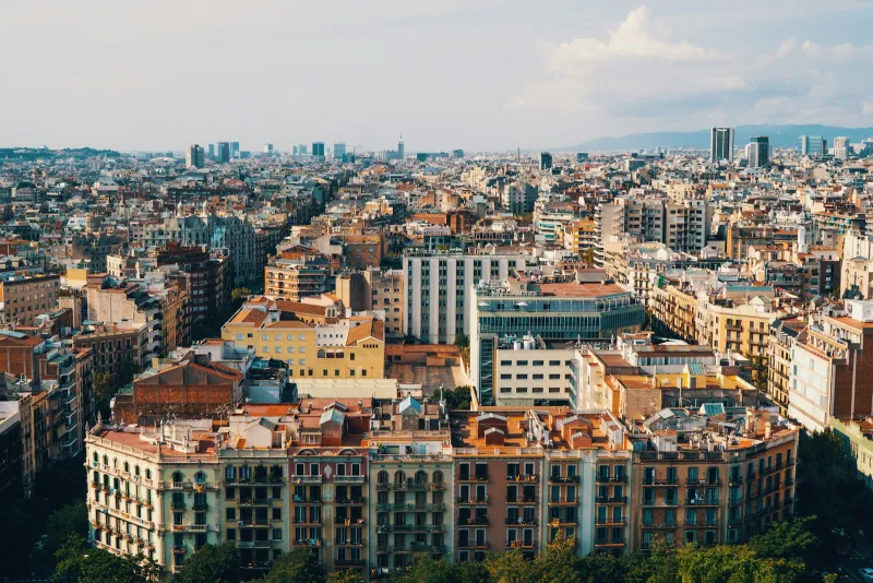 Aerial view over the rooftops and apartment blocks of Barcelona