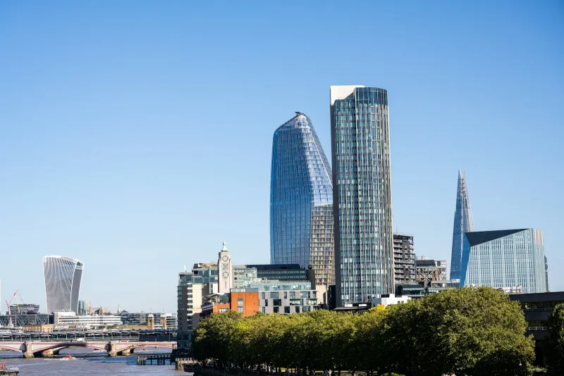 London skyline of office towers seen from across the Thames