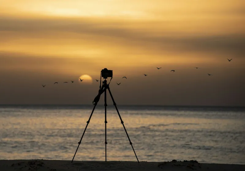 Camera on a tripod silhouetted against a sunset over the sea