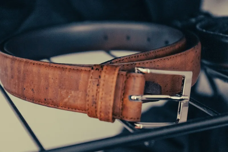 Close-up of a brown belt with a silver buckle