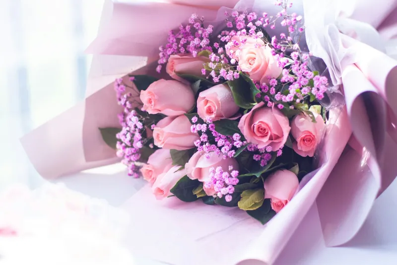 Bouquet of pink roses and gypsophila wrapped in pink paper