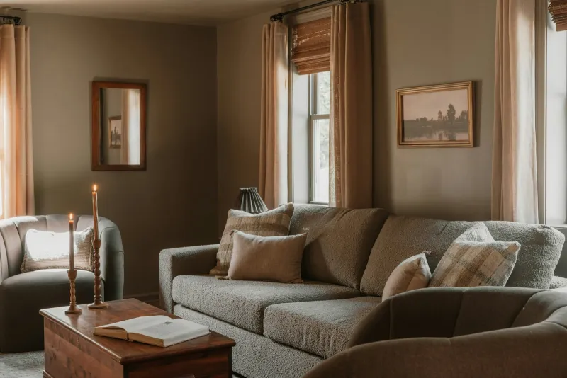 Living room with a grey sofa, armchairs, candles and linen curtains
