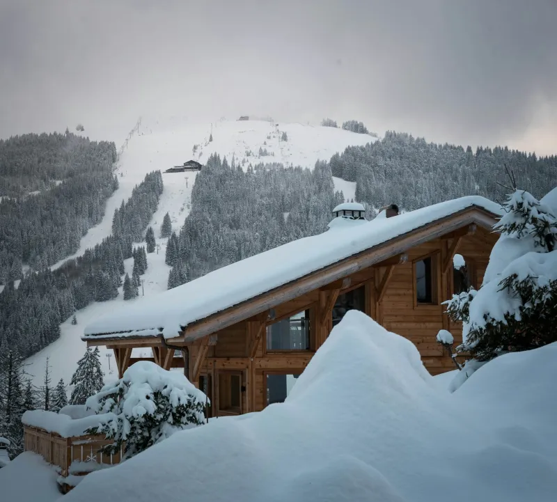 A wooden chalet deep in snow below a ski slope and pine forest