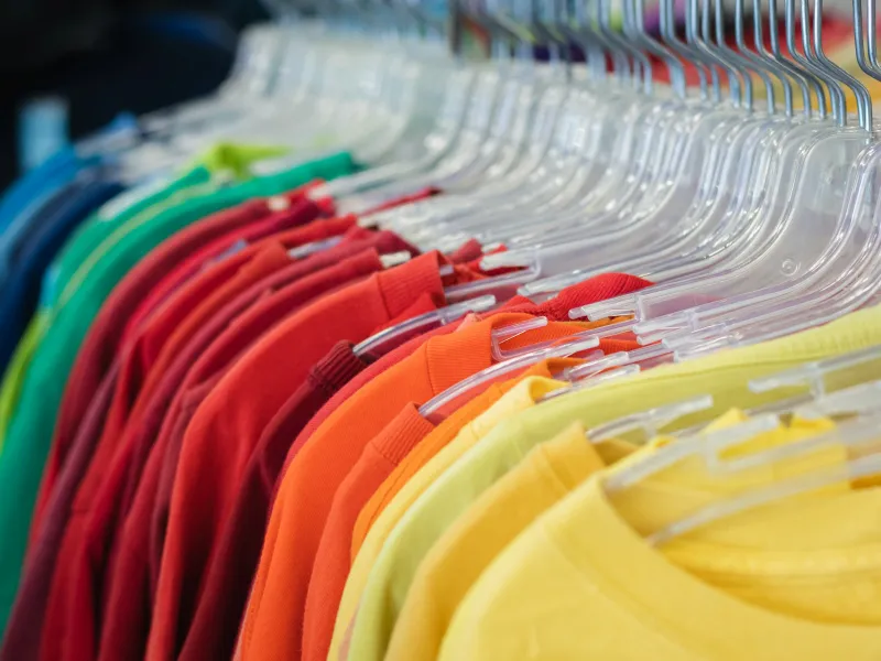 Rainbow of plain T-shirts hanging on clear plastic hangers on a shop rail