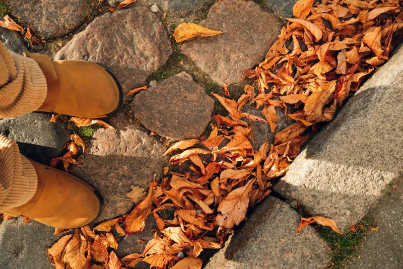 Cosyfeet clearance: extra wide shoes, socks and insoles for less Feet in tan boots standing on cobbles beside fallen autumn leaves