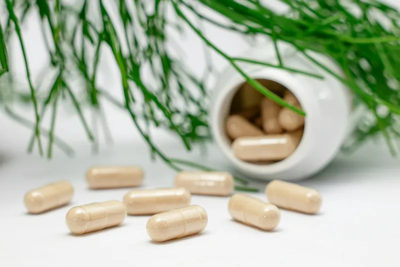 Beige capsules spilling from a white bottle beneath green pine needles