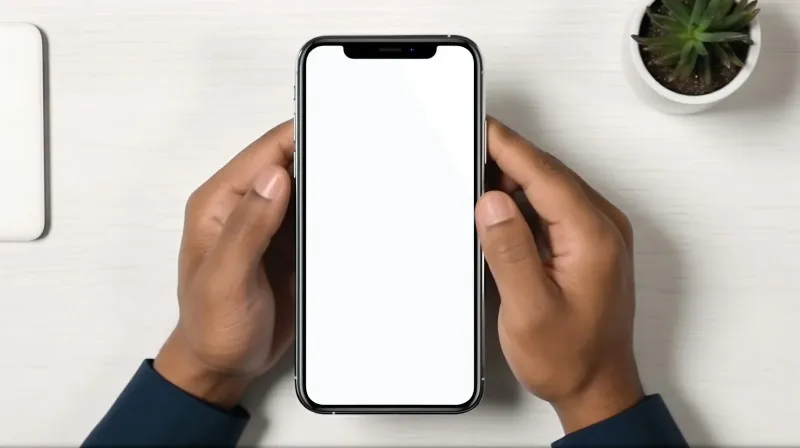 Hands holding a smartphone with a blank white screen over a desk