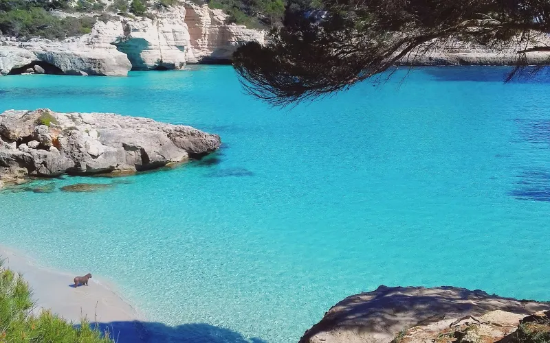 Turquoise water and white limestone cliffs at Cala Mitjana, Menorca