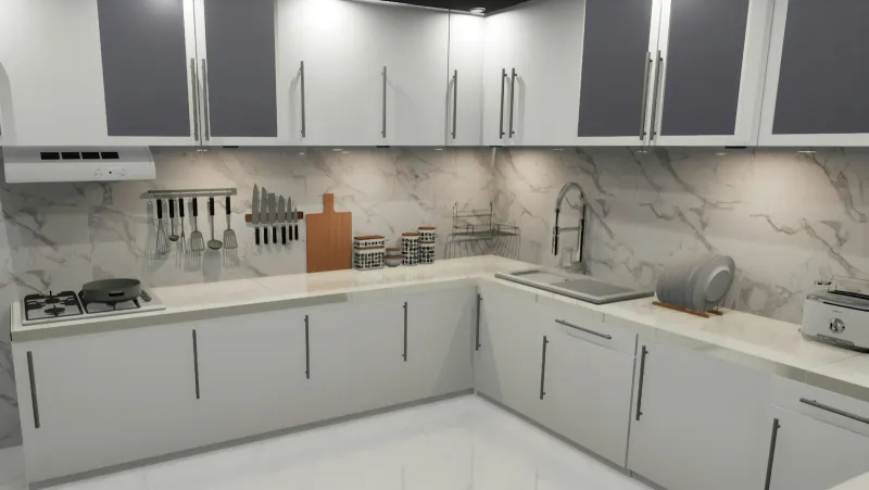 A white fitted kitchen with marble-effect splashback, hob, sink and utensils on the worktop