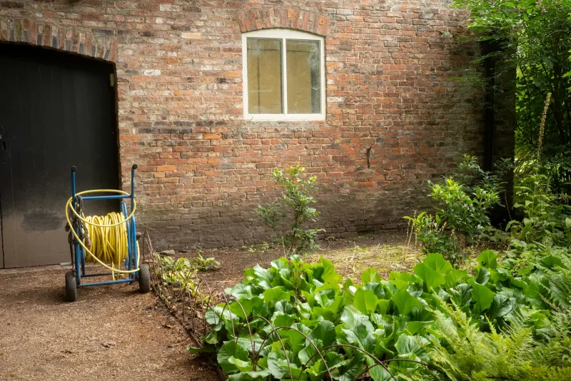 A yellow garden hose on a reel cart beside a brick wall and green plants