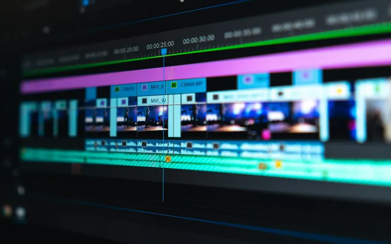 GOM Lab: GOM Player, GOM Mix and lifetime video software deals A video editing timeline with coloured clips on a computer screen