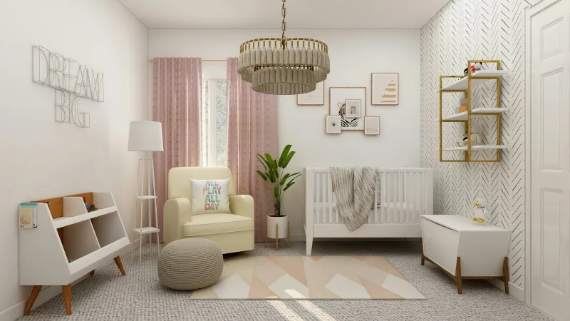 gus + beau: stylish foam playmats that grow with your baby A bright nursery with a cream armchair, white cot and a pastel geometric rug