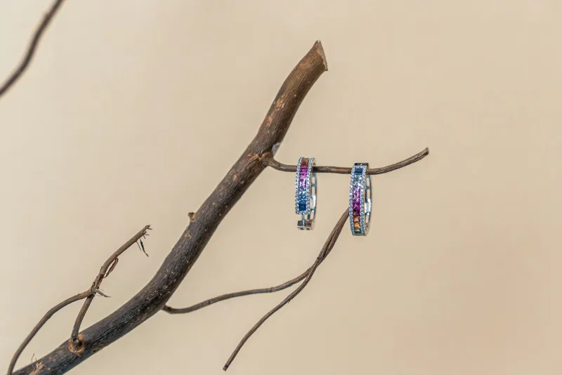 A pair of gemstone hoop earrings hanging from a bare twig against a beige background