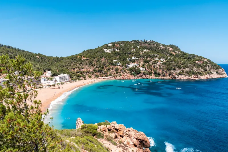 Turquoise bay and sandy beach at Cala San Vicente in Ibiza, backed by pine-covered hills