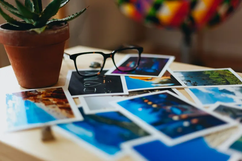 Printed photographs spread across a table next to glasses and a potted plant
