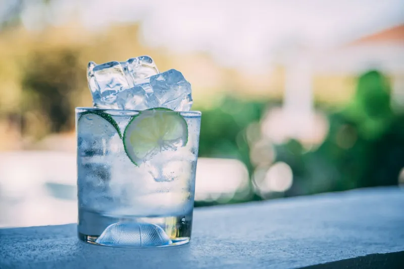 A gin and tonic with ice and lime slices on a stone ledge outdoors