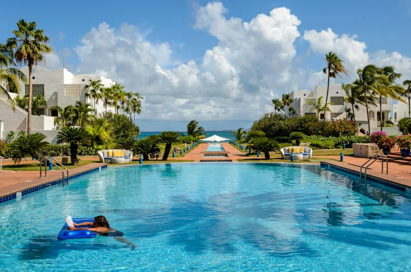 Resort swimming pool lined with palm trees under a blue sky