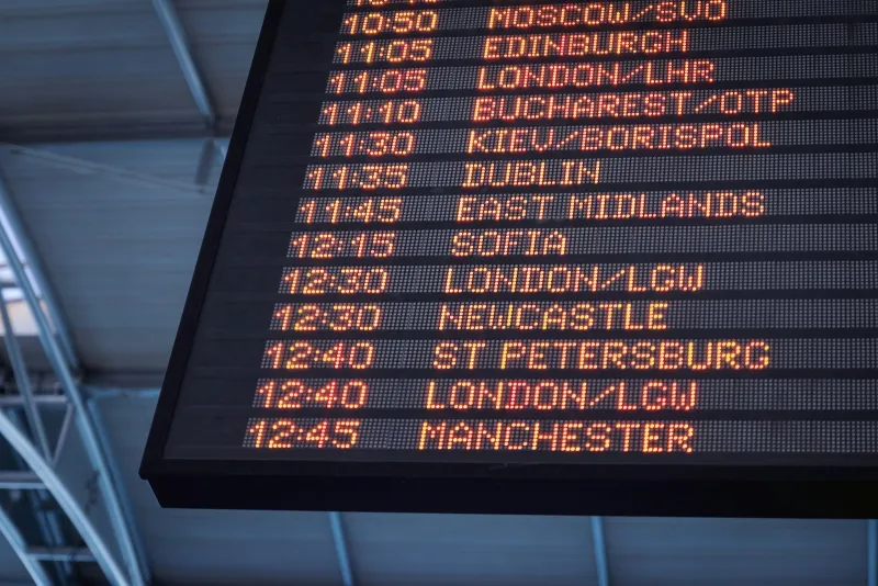 Lennuabi: a no-win-no-fee service for delayed and cancelled flight claims An airport departures board listing flights to London, Edinburgh, Manchester and Dublin