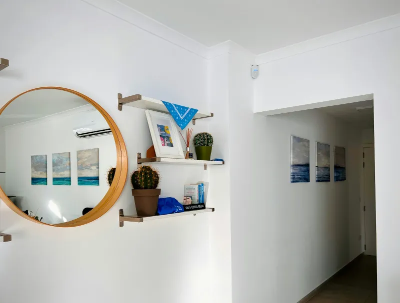 A large round wood-framed mirror on a white wall beside shelves with cactus plants