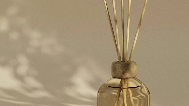 NEOM Wellbeing: natural scents for sleep, calm and gifting A glass reed diffuser against a soft beige wall with dappled light
