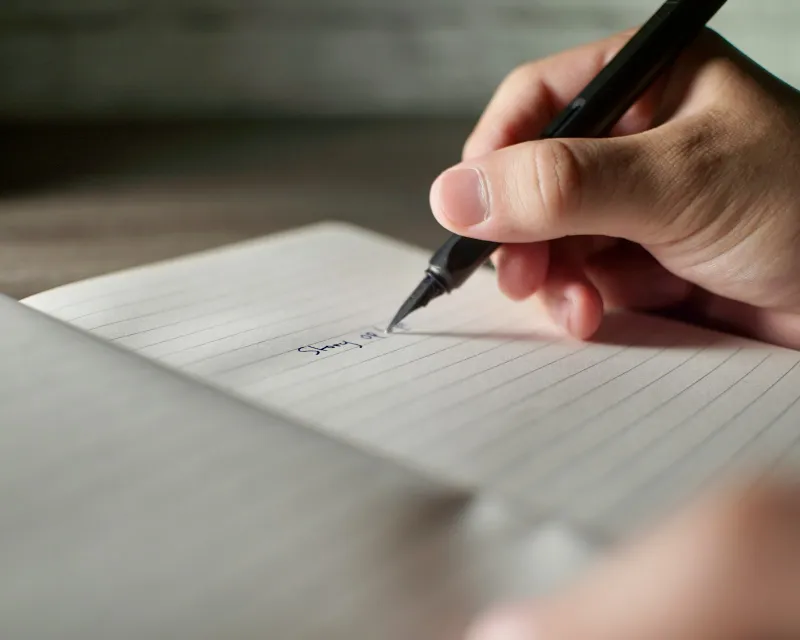 A hand writing notes with a fountain pen in a lined notebook
