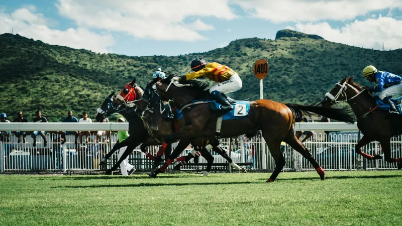 Racehorses and jockeys galloping on a grass track with hills behind