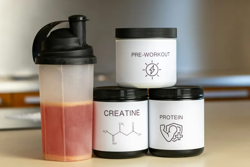 Protein shake in a shaker beside tubs of creatine, protein and pre-workout