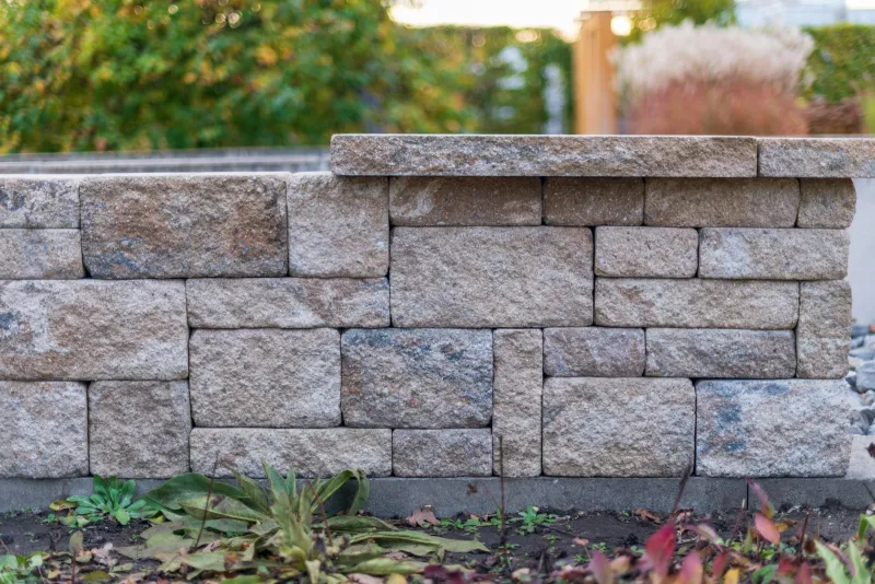 A low stone garden wall with autumn shrubs and grasses behind it