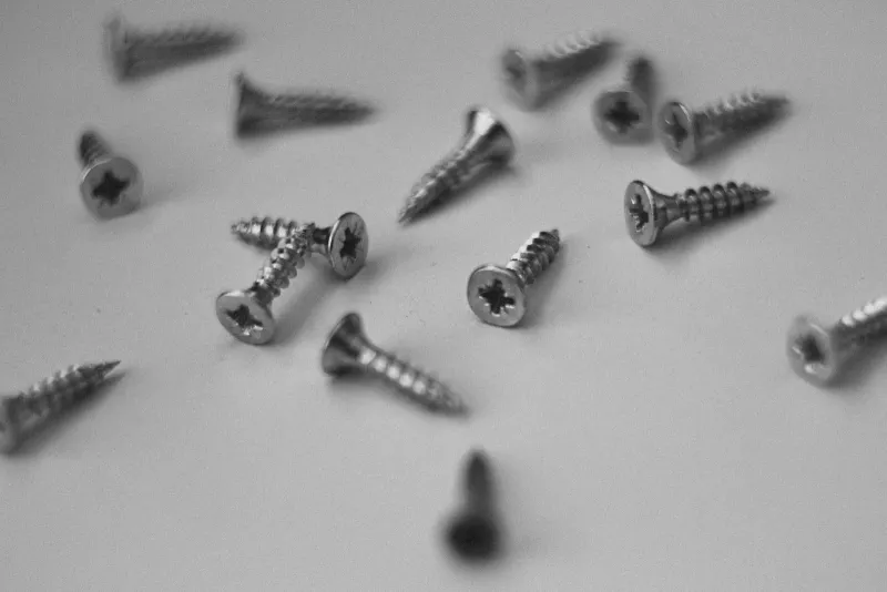 Black and white close-up of wood screws scattered on a white surface