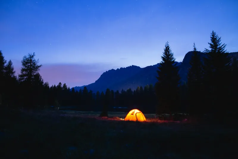 An orange dome tent lit from inside in a clearing among pine trees at dusk