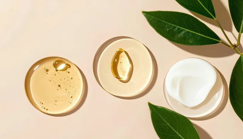 Swatches of serum, oil and cream on a peach background beside green leaves
