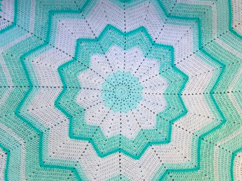 Swaddle An: personalised baby blankets and rompers from a US brand Close-up of a mint green and white crocheted blanket with a star pattern