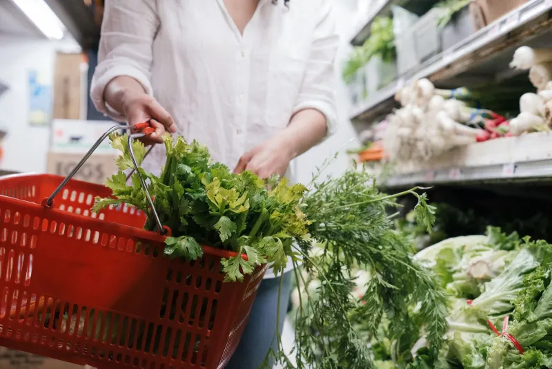 Red supermarket basket filled with fresh greens
