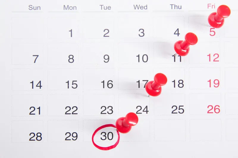 Wall calendar with red pins marking several dates
