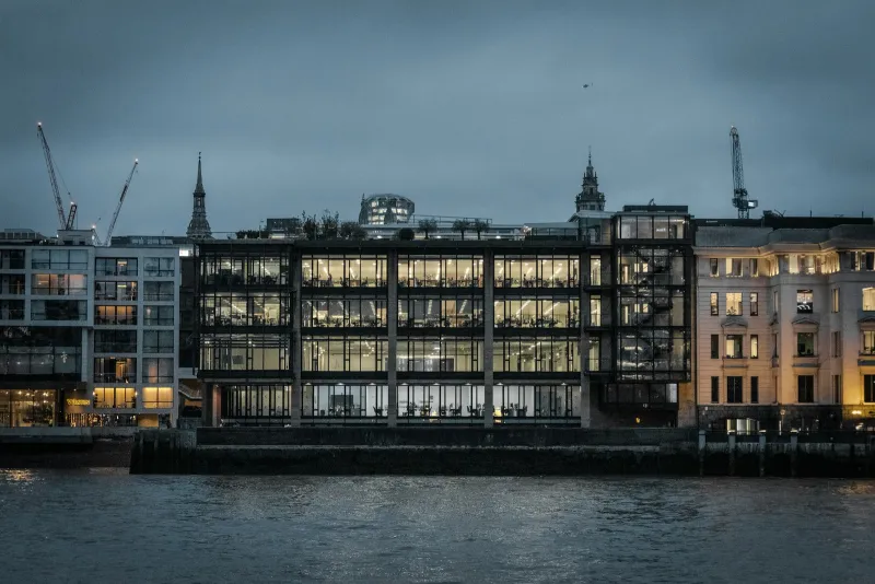 Your Virtual Office London: a City Road address for your business A modern glass office building on the Thames riverbank in London